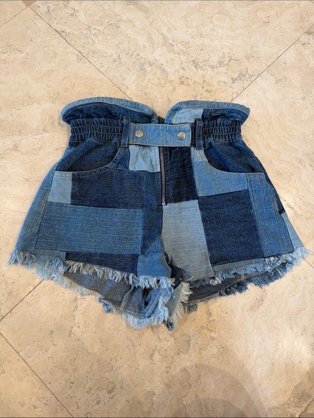 SEA NEW YORK Patchwork Denim Paperbag Waist Mini Shorts, Size 0